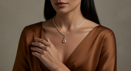 Elegant woman in brown satin dress showcasing luxurious pearl necklace and diamond ring