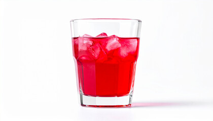 Red drink with ice in clear glass on white background. Tasty beverage.