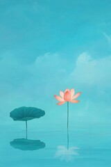 Serene Lotus Flower and Leaf Reflecting on Water Surface in Dreamy Pastel Blue Landscape Artistic Style