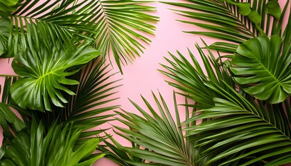 A vibrant arrangement of tropical leaves on a pastel backdrop.