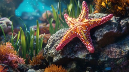 A vibrant starfish resting on a rock, surrounded by underwater plants.