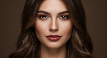 Fototapeta premium Elegant portrait of a woman with long wavy hair and natural makeup