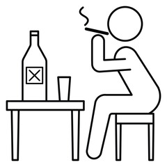 Unhealthy lifestyle addiction icon vector illustration showing person smoking with alcohol bottle on table in minimal line symbol style.