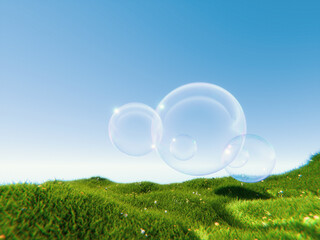 3d render of soap bubbles floating over dreamy landscapes.