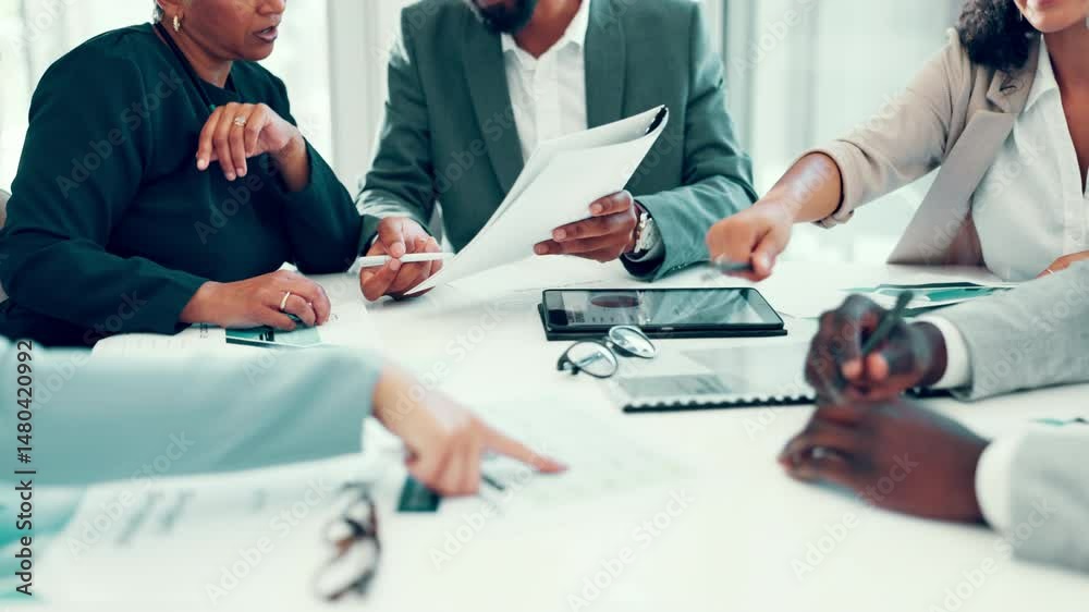 Poster paperwork, tablet and hands of business people in office with planning for company budget. digital t