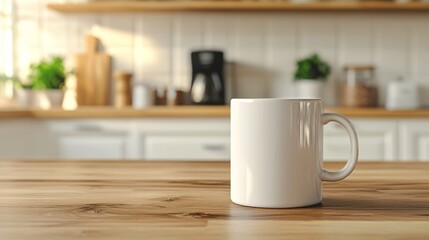 Fototapeta premium White Mug on Kitchen Counter Stock Photo Mockup