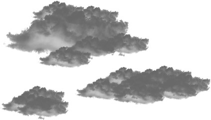 A collection of three grey clouds floating on a white background in a digital art style design look