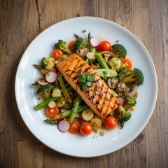 Grilled chicken salad plate, overhead studio shot 