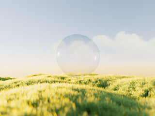 3d render of soap bubbles floating over dreamy landscapes.