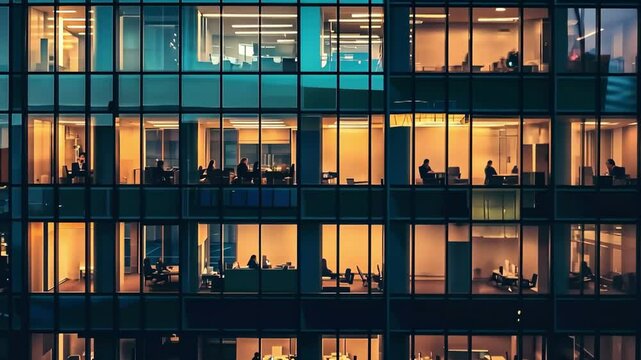 office building facade at night with workers in window frames modern workspace interior concept