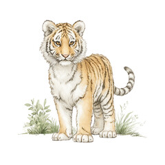 Obraz premium A cute watercolor tiger cub stands alert among the grass on white background.