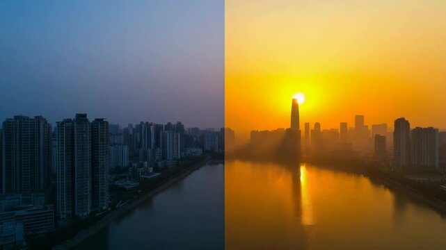 A city skyline divided in half, contrasting clear air on one side and heavy smog on the other above a river.