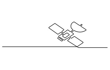 Continuous one line drawing of Satellite in the outer space. satellite communications orbit in single line draw illustration. Editable stroke.
