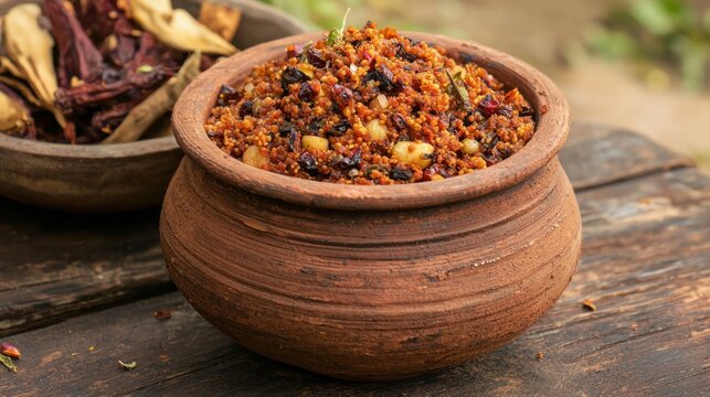 A traditional Indian dish made with kachnar buds, served in a rustic clay pot