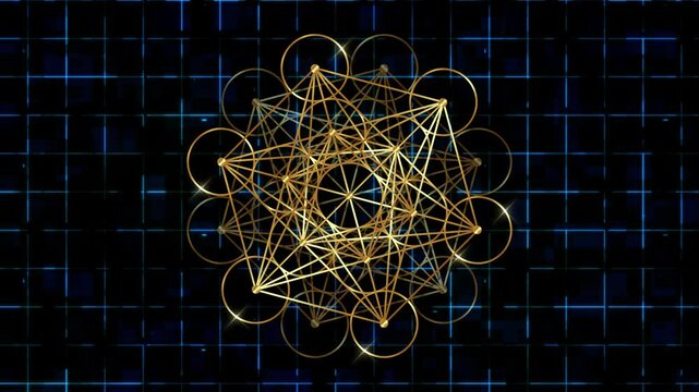 Video animation Metatron's Cube, Flower of Life. Golden Sacred geometry, graphic technology element blue grid background. Mystic gold icon platonic solids, abstract geometric drawing, crop circles