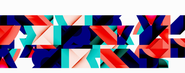 Abstract geometric shapes overlap, creating vibrant colorful pattern. Red, blue, teal dominate composition. Minimalist design.