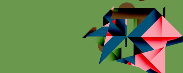 Abstract geometric shapes dominate image. Pink, blue, brown forms contrast against green background. Minimalist design, sharp angles present.