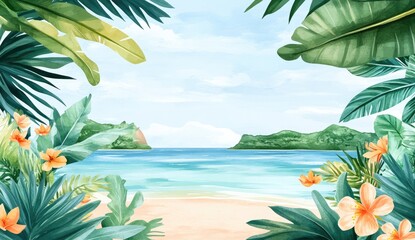 Tropical beach scene framed by lush foliage.  Coastal vista with vibrant greenery,  orange flowers, and a calm sea.  Soft light, idyllic view