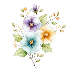 A watercolor floral bouquet features colorful blossoms with leaves and buds.