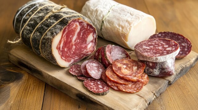 Assorted cured meats on a wooden board