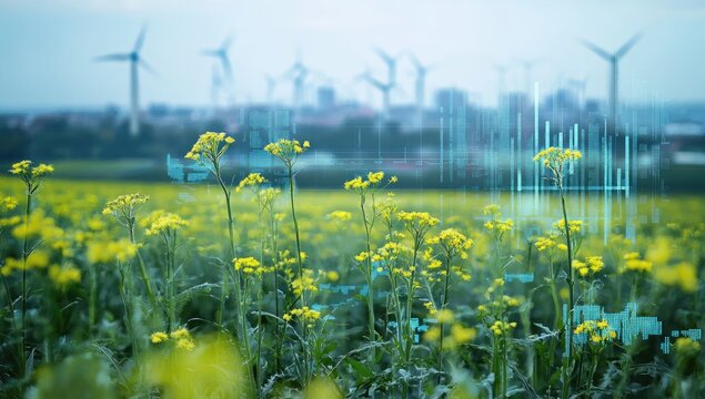 Sustainable energy,  yellow field with wind turbines,  digital overlays