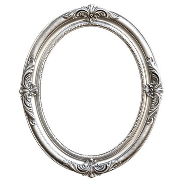  an oval silver frame with delicate engravings and an aged patina, giving it an antique charm. Transparent background.