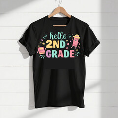 Hello 2nd Grade Cute Back to School Cartoon Ice Cream Character with Stars and Hearts, Colorful Typography Design for Kids Classroom, Elementary Grade School Fun Learning T-Shirt Graphic