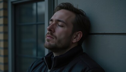 Obraz premium man leaning against a wet wall in the rain, eyes closed, with a heavy expression.