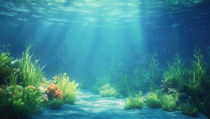Fototapeta premium Underwater scene with sunbeams penetrating the water, illuminating vibrant aquatic plants and coral
