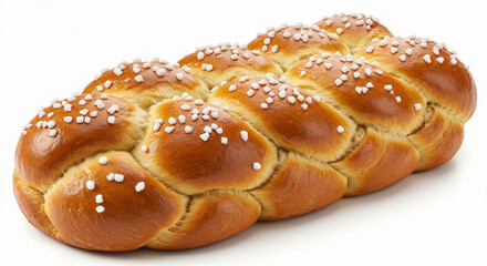 Fototapeta premium Braided sweet bread with sugar crystals, glossy egg wash finish, soft golden dough, isolated on white background.