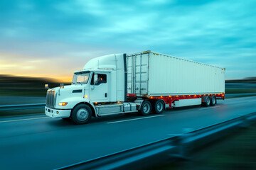 Truck in Motion White SemiTrailer Lorry on Highway, Blurred Speed Effect
