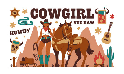 Create a modern vector-style illustration celebrating cowgirl and Wild West culture, easily scalable and editable.