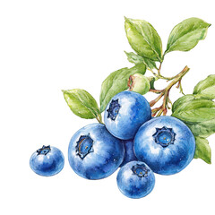 Obraz premium Watercolor painting of fresh blueberries with leaves on a white background.