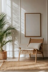 Interior with chair frame and plant in sunlight studio shot home decor minimal style living room