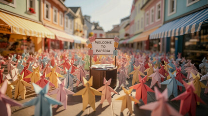 Large crowd of diverse people in origami signifier inside a ithiel town 