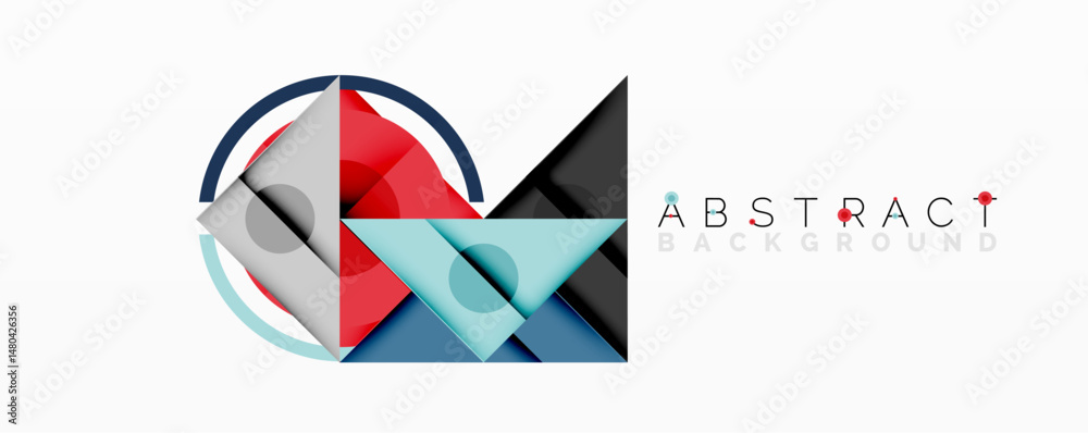 Poster geometric shapes overlap, creating modern abstract design. red, blue, gray colors dominate compositi