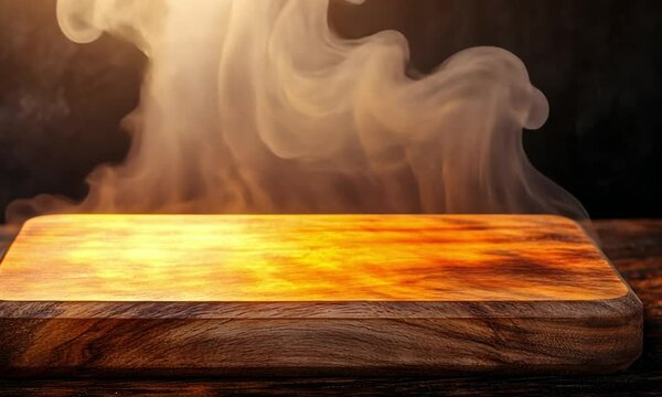 Warm Wooden Cutting Board with Smoky Haze: A Culinary Still Life
