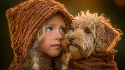 A young child and a fluffy dog, both wearing brown hooded cloaks, gaze together thoughtfully into the distance.