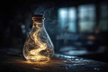 Vapor Spiral Trails Inside Frosted Flask Under Laboratory Glow