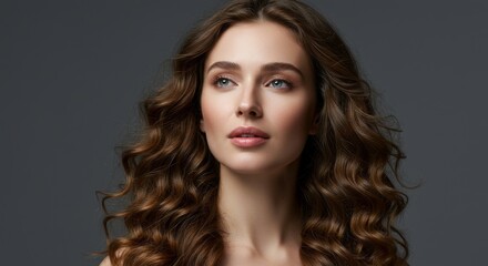Fototapeta premium Elegant portrait of a woman with long wavy hair on gray background