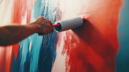 Hand Using Paint Roller on Wall with Red and Blue Strokes