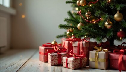 Pile of wrapped presents under a decorated tree , tradition, silver, festive