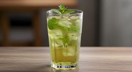 Refreshing Summer Drink With Ice Cubes And Fresh Mint In A Tall Glass