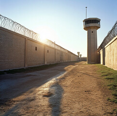 A long wall of a prison with watch towers, beige bricks, and barbed wire. An empty dirt road in the foreground, with the bright sun shining overhead.