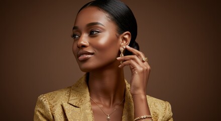 Elegant fashion portrait of woman in gold jewelry and patterned blazer