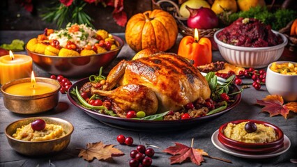 A Festive Thanksgiving Table Spread with a Golden Roasted Turkey, Accompanied by Side Dishes, Candles, and Fall Decorations