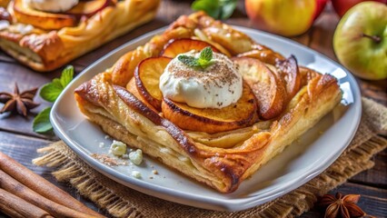 A decadent apple pastry with a swirl of cream and a sprinkling of cinnamon, a classic autumn treat