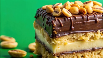 A close-up shot of a delectable chocolate cake, layered with creamy filling and a generous topping of roasted peanuts. The rich glaze and crispy nuts create a tempting visual feast.