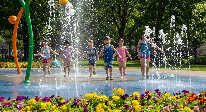 Children playing in a splash pad at a public park during summer, happy expressions and water splashes,