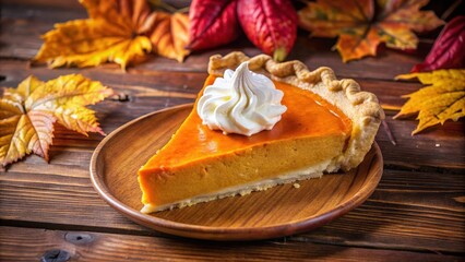 A slice of pumpkin pie with whipped cream on a wooden plate, surrounded by autumn leaves.